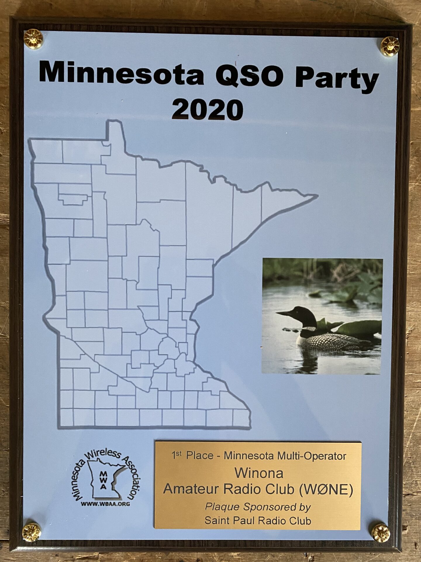 2020 Minnesota QSO Party 1st Place Plaque 1st Place MNQP plaque